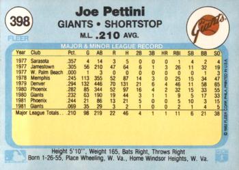 1982 Fleer #398 Joe Pettini Back