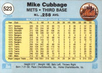 1982 Fleer #523 Mike Cubbage Back