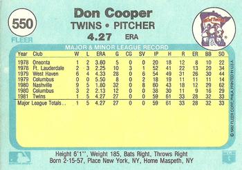1982 Fleer #550 Don Cooper Back
