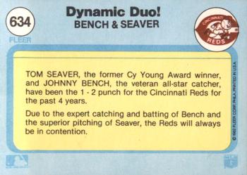 1982 Fleer #634 Dynamic Duo! (Johnny Bench / Tom Seaver) Back