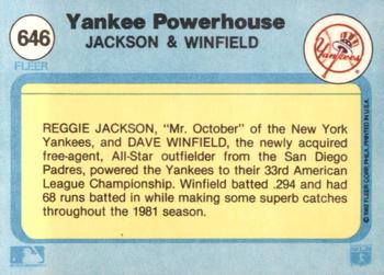 1982 Fleer #646 Yankee Powerhouse (Reggie Jackson / Dave Winfield) Back