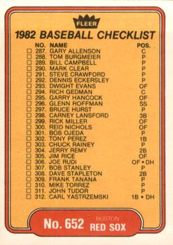 1982 Fleer #652 Checklist: Tigers / Red Sox Back