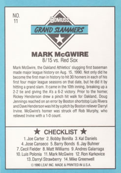1991 Donruss - Grand Slammers #11 Mark McGwire Back