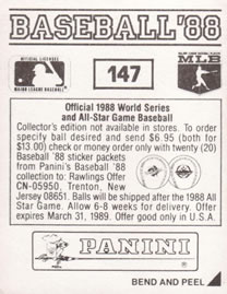 1988 Panini Stickers #147 Yankees Uniform Back