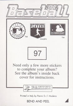 1994 Panini Stickers #97 Dave Winfield Back