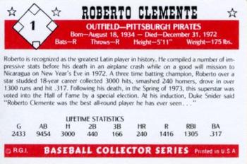 1984 Galasso Baseball Collector Series #1 Roberto Clemente Back
