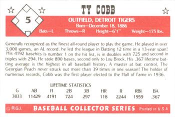 1984 Galasso Baseball Collector Series #5 Ty Cobb Back