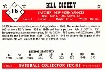 1984 Galasso Baseball Collector Series #16 Bill Dickey Back