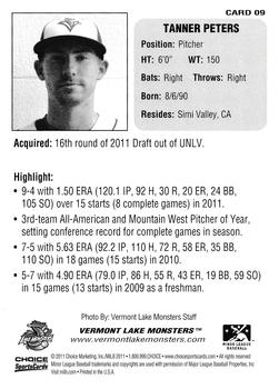 2011 Choice Vermont Lake Monsters #9 Tanner Peters Back