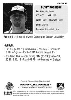 2011 Choice Vermont Lake Monsters #19 Dusty Robinson Back