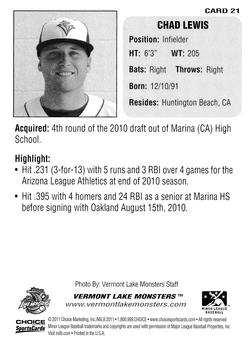 2011 Choice Vermont Lake Monsters #21 Chad Lewis Back