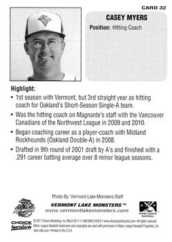 2011 Choice Vermont Lake Monsters #32 Casey Myers Back
