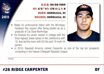 2011 Winnipeg Goldeyes #NNO Ridge Carpenter Back