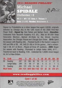 2011 MultiAd Reading Phillies #1 Michael Spidale Back
