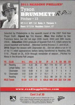 2011 MultiAd Reading Phillies #3 Tyson Brummett Back