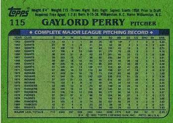 1982 Topps #115 Gaylord Perry Back