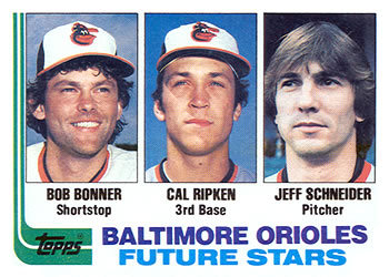 1982 Topps #21 Orioles Future Stars - Bob Bonner / Cal Ripken Jr. / Jeff Schneider Front