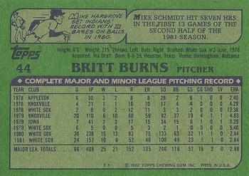 1982 Topps #44 Britt Burns Back
