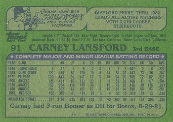 1982 Topps #91 Carney Lansford Back