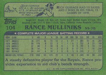 1982 Topps #104 Rance Mulliniks Back