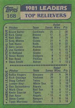 1982 Topps #168 '81 Leading Relievers (Bruce Sutter / Rollie Fingers) Back