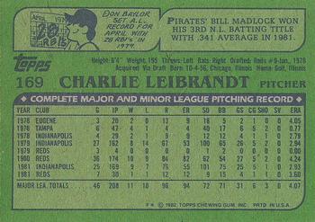 1982 Topps #169 Charlie Leibrandt Back