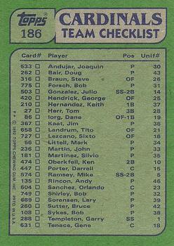 1982 Topps #186 Cardinals Leaders / Checklist (Keith Hernandez / Bob Forsch) Back
