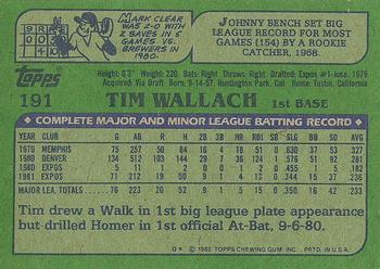 1982 Topps #191 Tim Wallach Back