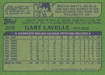 1982 Topps #209 Gary Lavelle Back