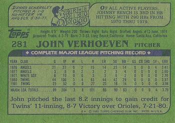 1982 Topps #281 John Verhoeven Back