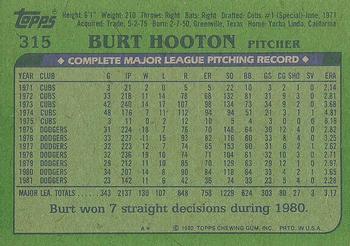 1982 Topps #315 Burt Hooton Back