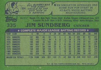 1982 Topps #335 Jim Sundberg Back