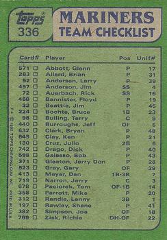 1982 Topps #336 Mariners Leaders / Checklist (Tom Paciorek / Glenn Abbott) Back