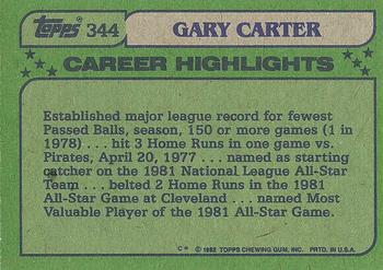 1982 Topps #344 Gary Carter Back