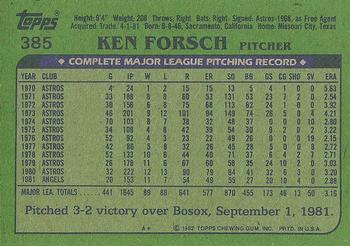 1982 Topps #385 Ken Forsch Back