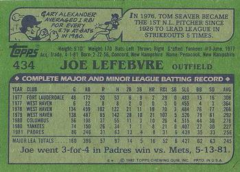1982 Topps #434 Joe Lefebvre Back