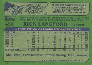 1982 Topps #454 Rick Langford Back