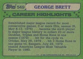 1982 Topps #549 George Brett Back