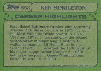 1982 Topps #552 Ken Singleton Back