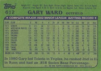 1982 Topps #612 Gary Ward Back