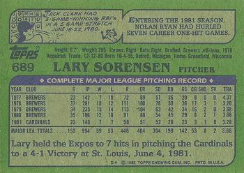 1982 Topps #689 Lary Sorensen Back