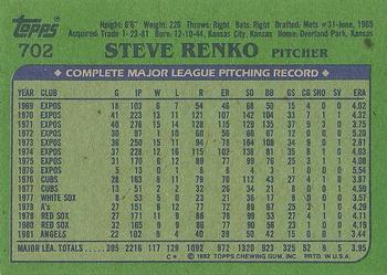 1982 Topps #702 Steve Renko Back
