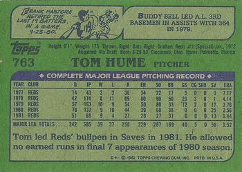 1982 Topps #763 Tom Hume Back