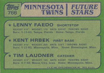 1982 Topps #766 Twins Future Stars (Lenny Faedo / Kent Hrbek / Tim Laudner) Back