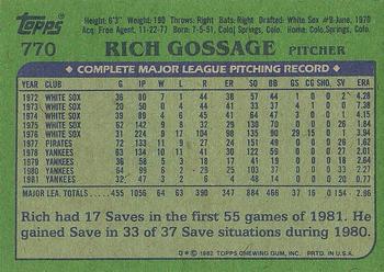 1982 Topps #770 Rich Gossage Back