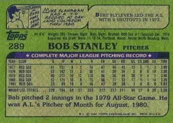 1982 Topps #289 Bob Stanley Back