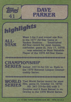 1982 Topps #41 Dave Parker Back