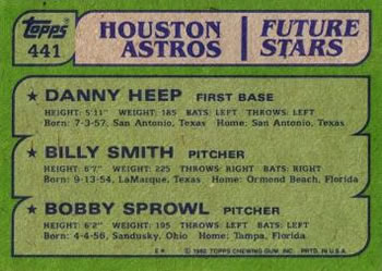 1982 Topps #441 Astros Future Stars (Danny Heep / Billy Smith / Bobby Sprowl) Back