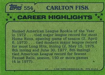 1982 Topps #554 Carlton Fisk Back