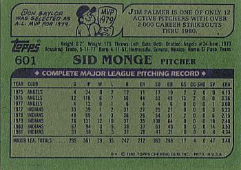 1982 Topps #601 Sid Monge Back